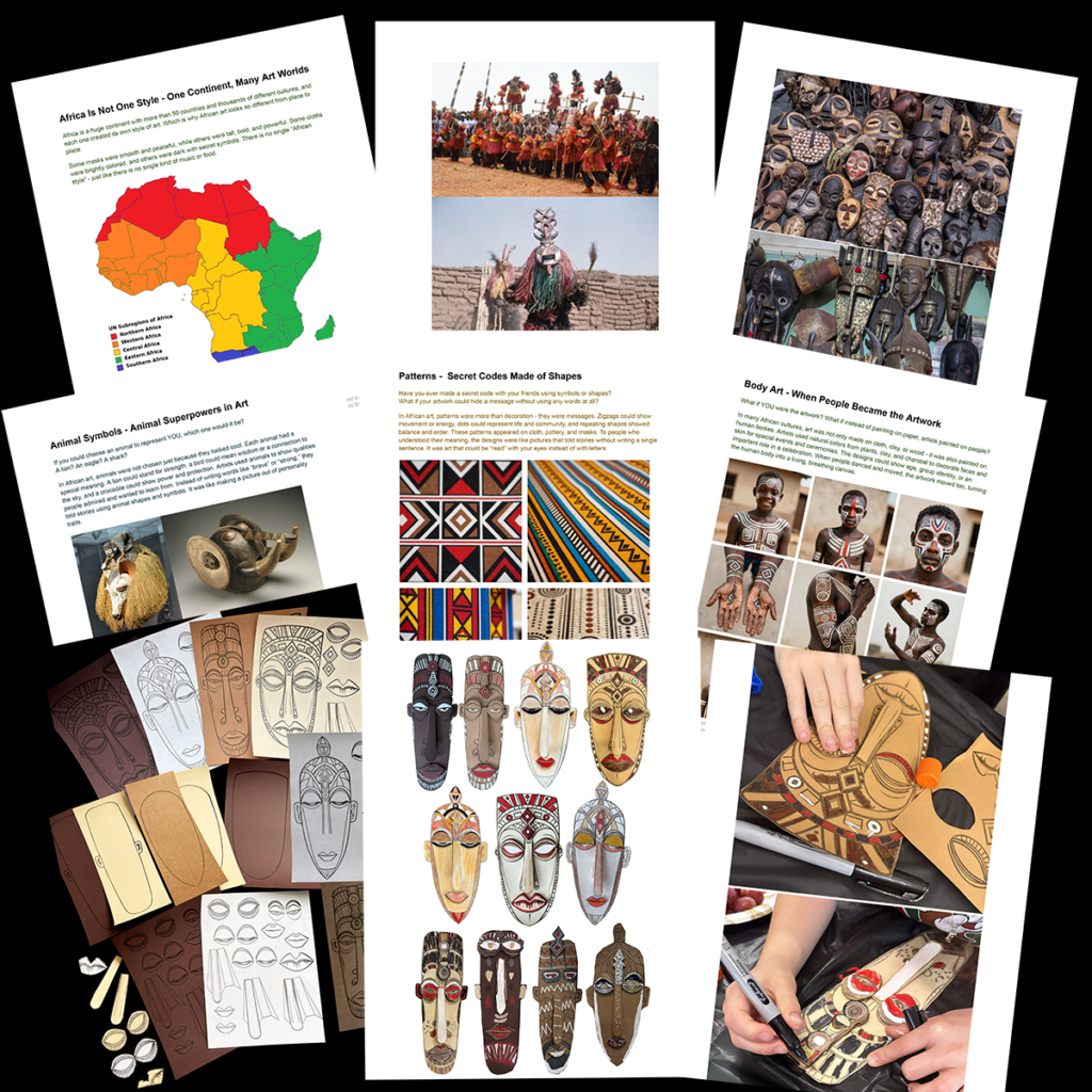 Preview collage showing pages included in the African Art Lesson for Kids, featuring lesson pages about African masks, patterns, body art, a map of Africa, printable 3D mask templates, and completed student projects.