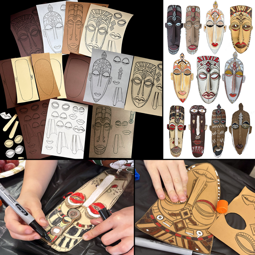 Preview of the African Masks Art Project showing printable 3D mask templates, blank mask bases, coloring pages, completed student examples, and children assembling and decorating African-inspired paper masks using layered facial features and traditional geometric patterns.