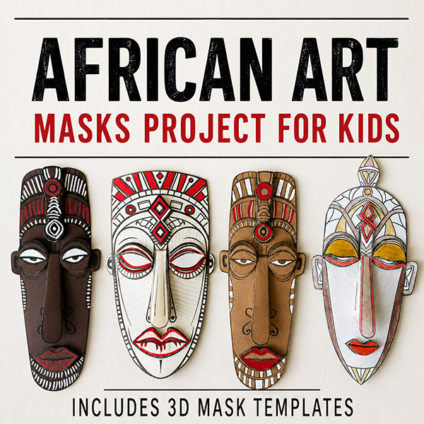 African Masks art project for kids cover featuring printable 3D mask templates inspired by traditional African art and culture.
