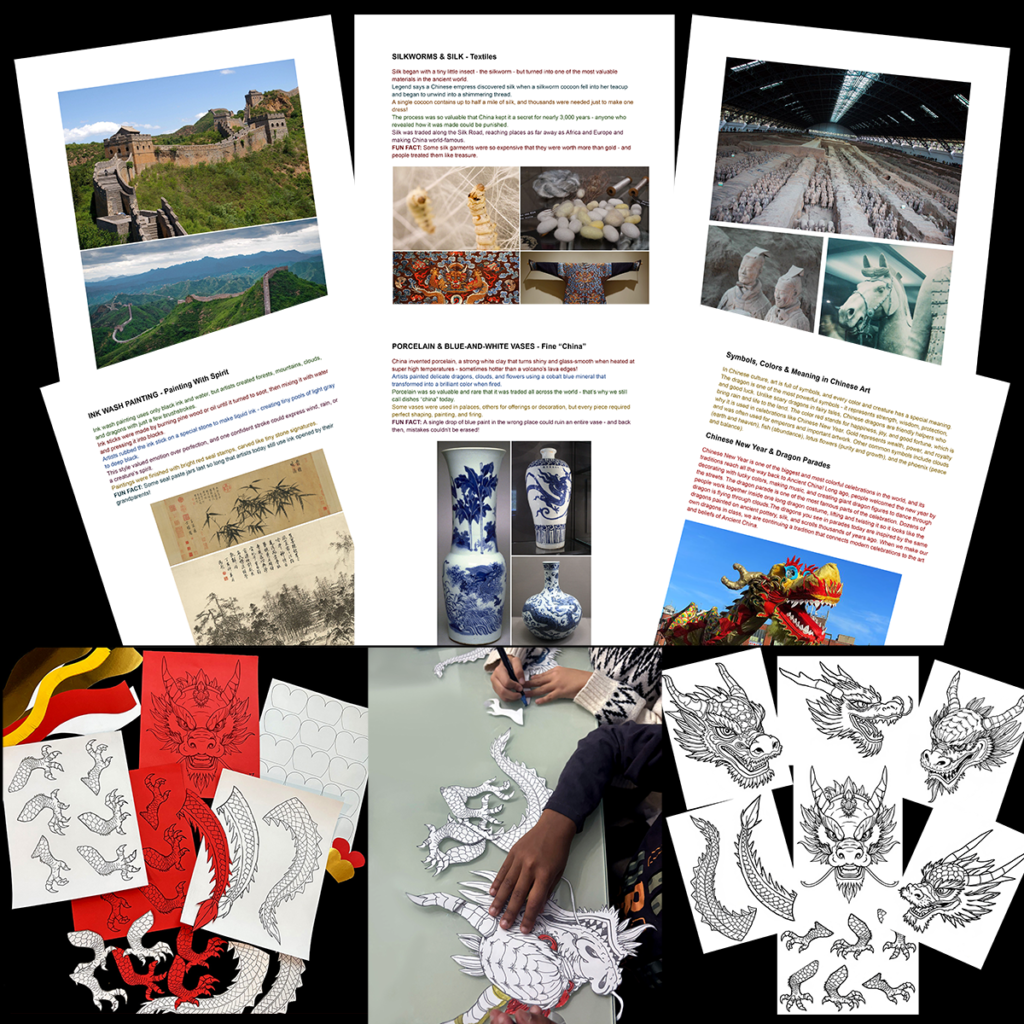 Collage showing pages from an Ancient China art history lesson, the Great Wall, the Terracotta Army, silk, porcelain, ink wash paintings, dragon templates, and students assembling a Chinese parade dragon.