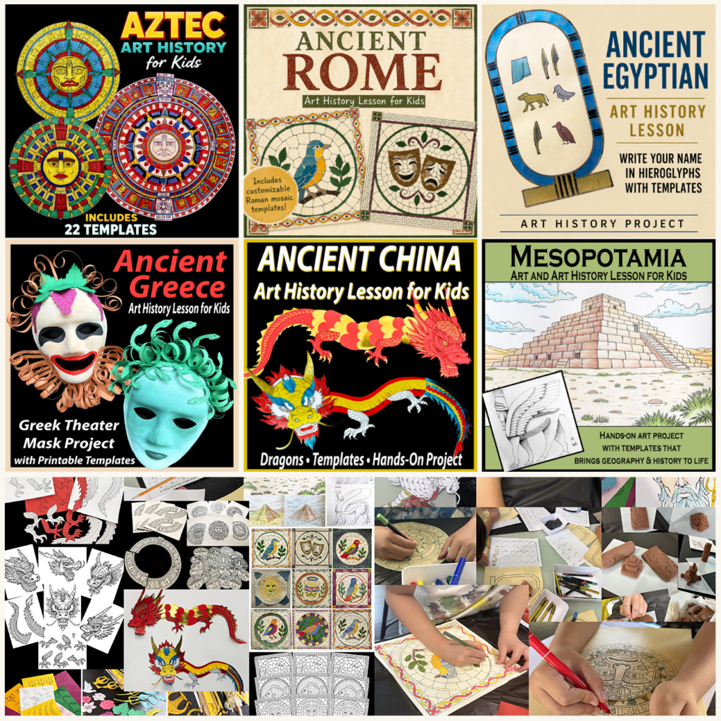 Preview of the Ancient Civilizations Art History Bundle showing lesson covers, printable templates, classroom photos, student artwork, mosaics, dragons, Aztec calendars, clay projects, and history-based art activities.