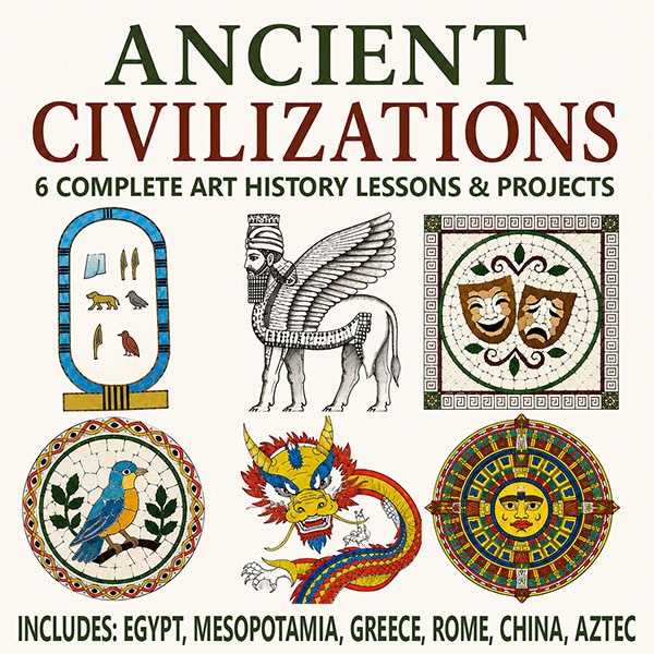 Art Bundles featuring six printable ancient civilizations art history lessons and creative projects from Egypt, Mesopotamia, Greece, Rome, China, and the Aztecs.