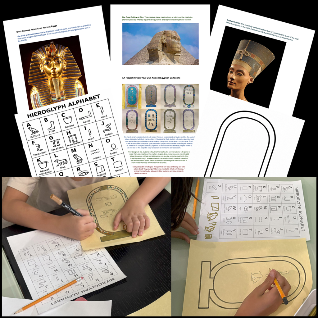 Preview pages from an Ancient Egypt art history lesson showing the Mask of Tutankhamun, Great Sphinx, Bust of Nefertiti, hieroglyph alphabet, cartouche templates, and student artwork.
