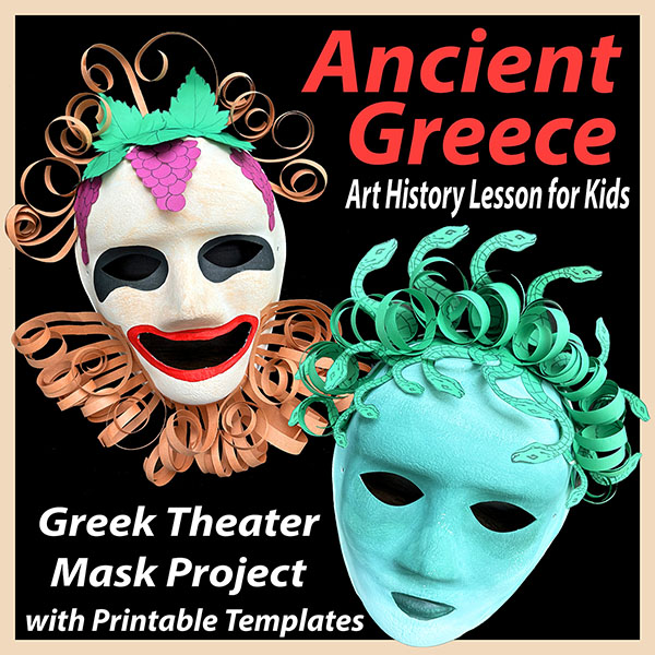 Ancient Greece lesson for kids cover featuring Greek temples, pottery, mythology, and printable art history activities for elementary students.