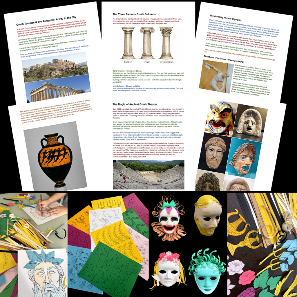 Collage showing pages from an Ancient Greece art history lesson, printable Greek mythology templates, student mask projects, classroom photos, and finished Greek theater masks.