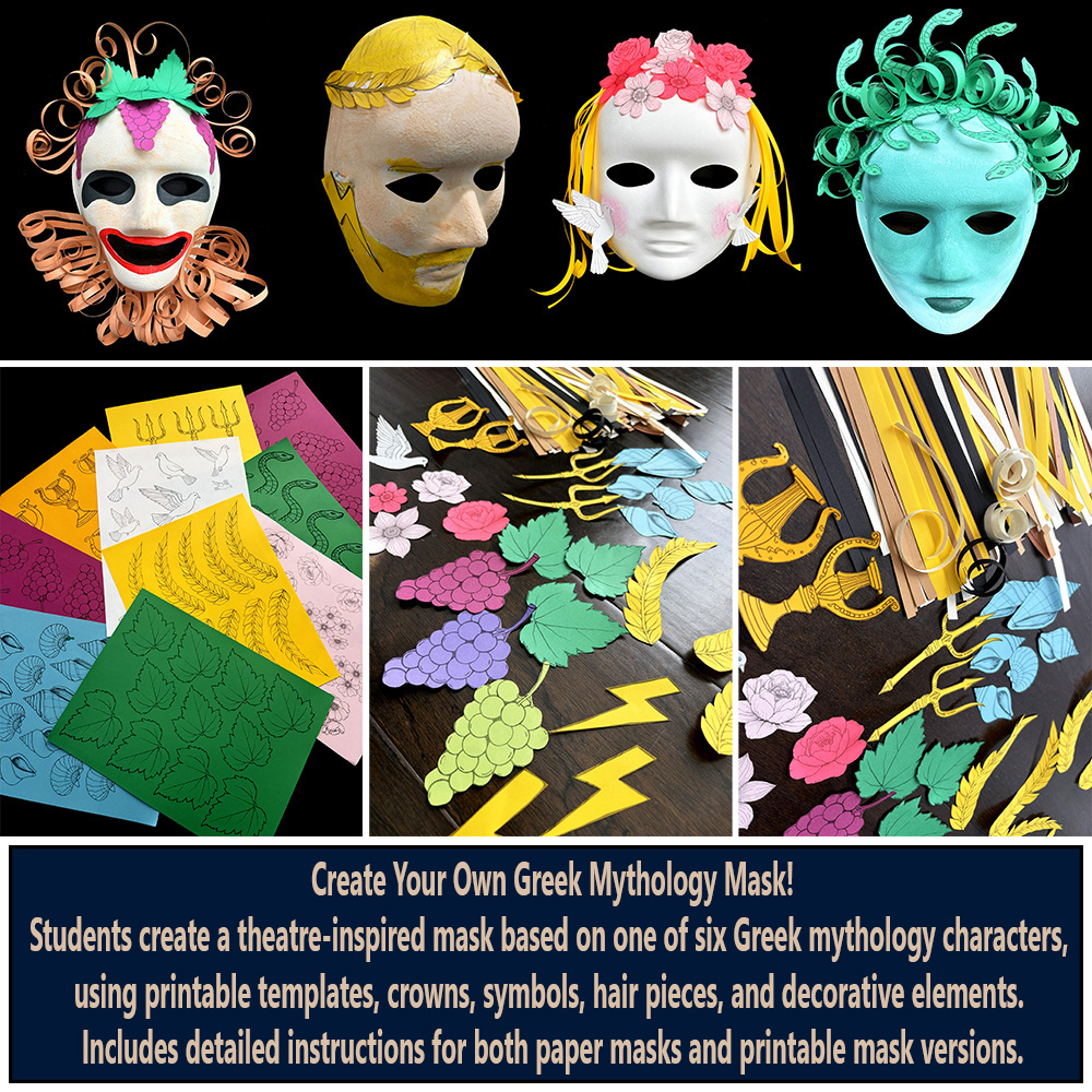 Preview of the Greek Theater Mask Project showing finished student masks, printable mythology-themed templates, decorative symbols, and materials used to create masks inspired by Zeus, Poseidon, Apollo, Aphrodite, Medusa, and Dionysus.