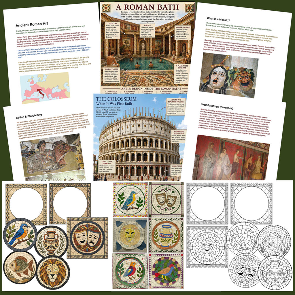 Preview of the Ancient Rome art history lesson showing illustrated teaching pages about Roman baths, mosaics, the Colosseum, aqueducts, the Pantheon, Pompeii, Roman sculptures, printable mosaic templates, student artwork, and multiple Roman mosaic project options.