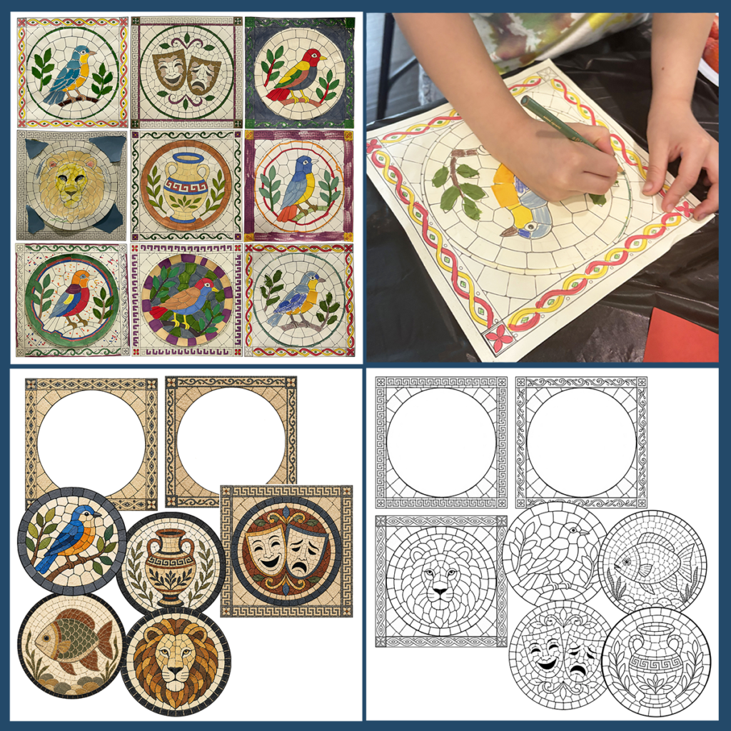 Preview of the Roman mosaic art project showing colorful completed examples, student artwork, printable mosaic frames, black-and-white templates, and customizable Roman-inspired mosaic designs.