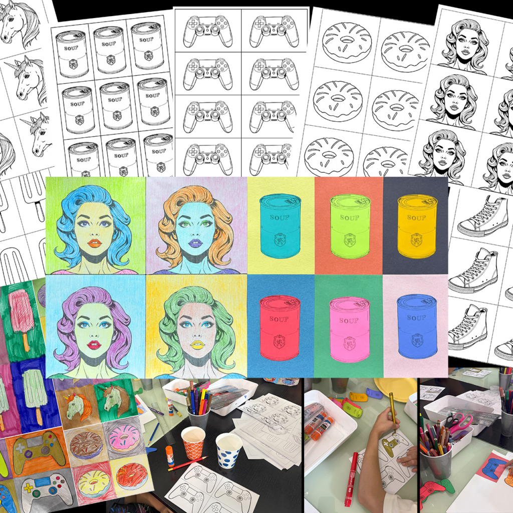 Preview of the Andy Warhol printable Pop Art project showing printable templates, completed artwork, classroom photos, and colorful student examples using portraits, soup cans, gaming controllers, donuts, sneakers, unicorns, and other everyday objects.