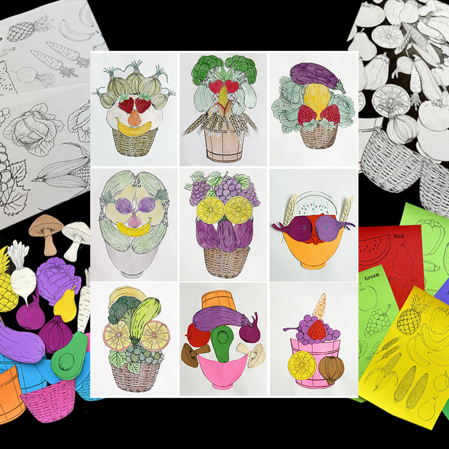 Student examples of Arcimboldo fruit and vegetable portraits surrounded by printable fruit, vegetable, basket, and bowl collage templates included in the lesson.