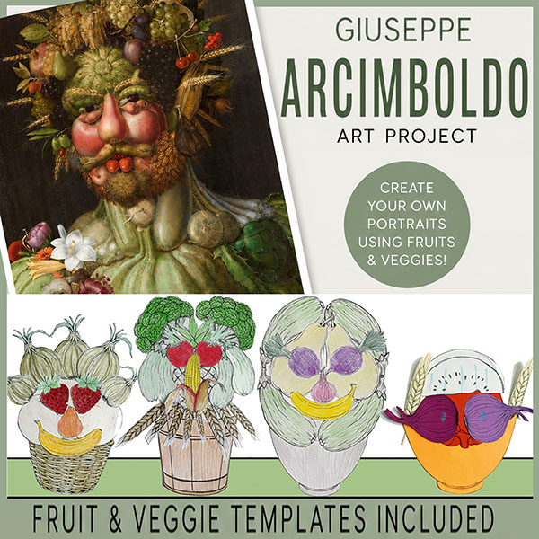 Arcimboldo art project for kids cover featuring printable fruit and vegetable portrait templates inspired by the famous Renaissance artist.
