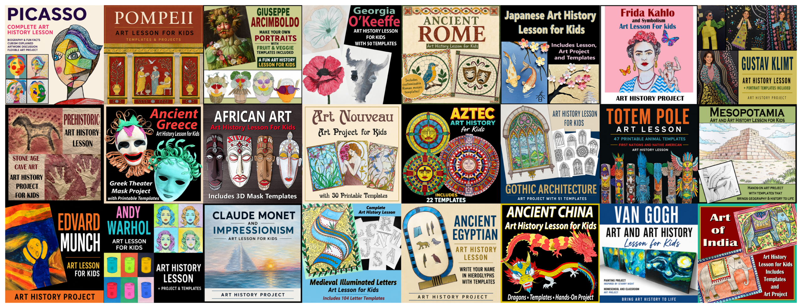 Banner featuring a collection of printable art history lessons for kids, including famous artists, world cultures, ancient civilizations, and hands-on art projects from Zappy Arts.