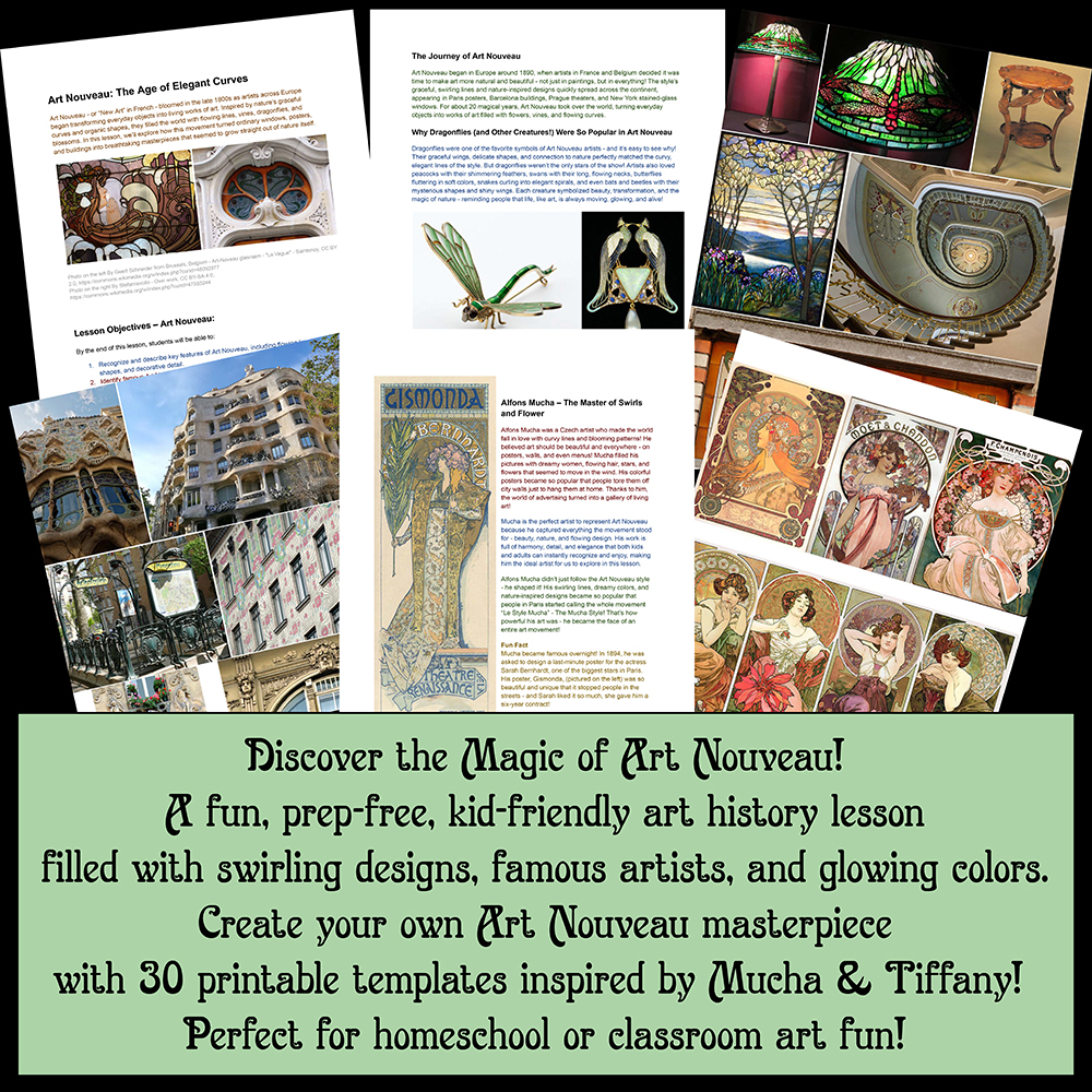 Preview of the Art Nouveau Art History Lesson featuring lesson pages, architecture, stained glass, posters by Alphonse Mucha, Tiffany lamps, and decorative Art Nouveau design examples.