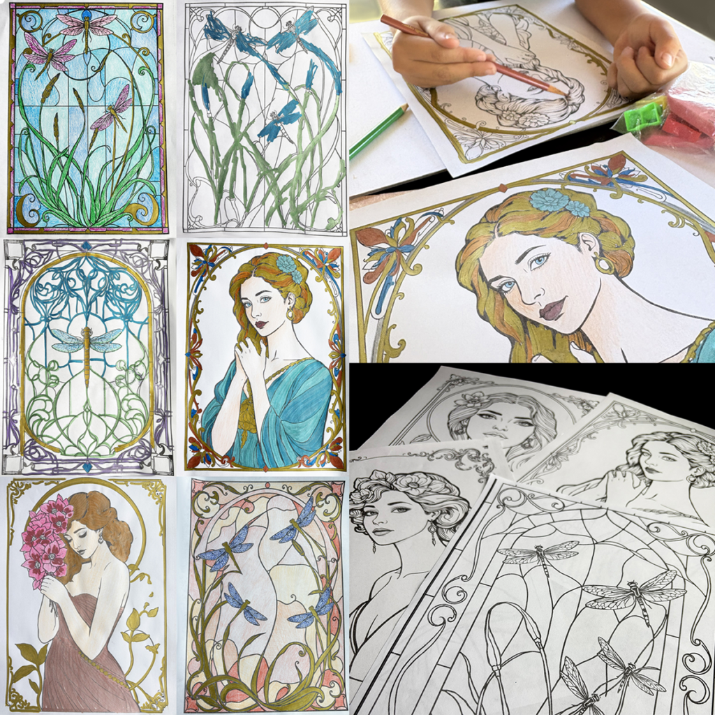 Art Nouveau art project for kids cover featuring three student-style artworks inspired by the Art Nouveau movement, including dragonflies, flowing floral designs, and an elegant portrait. Printable lesson with 30 templates for elementary and middle school art classes.