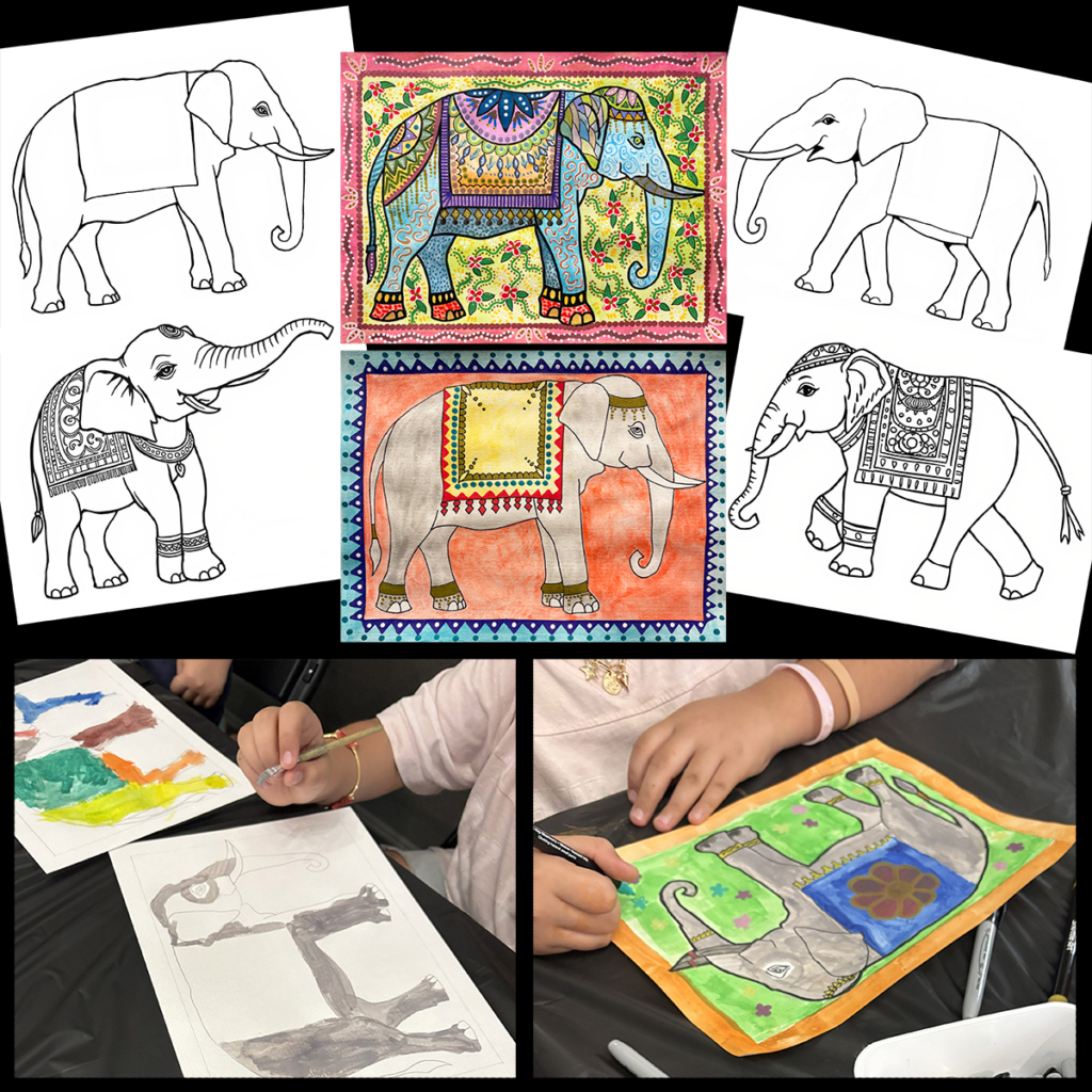 Collage showing four printable elephant templates, two completed Madhubani elephant examples, and children creating their Indian elephant artwork using paint and decorative patterns.