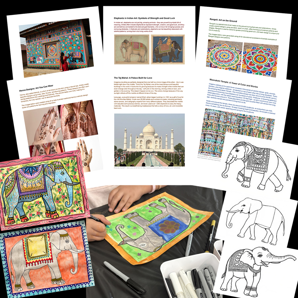 Collage featuring an Art of India lesson with Indian architecture, Madhubani folk art, Rangoli designs, henna art, Taj Mahal, Meenakshi Temple, printable elephant templates, and student artwork inspired by Indian art.