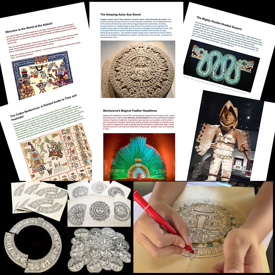 Preview pages from an Aztec art history lesson showing information about the Aztec Sun Stone, Codex Borbonicus, the Double-Headed Serpent, Moctezuma's feather headdress, Eagle Warrior sculpture, printable Sun Stone templates, and students creating their own Aztec-inspired artwork.