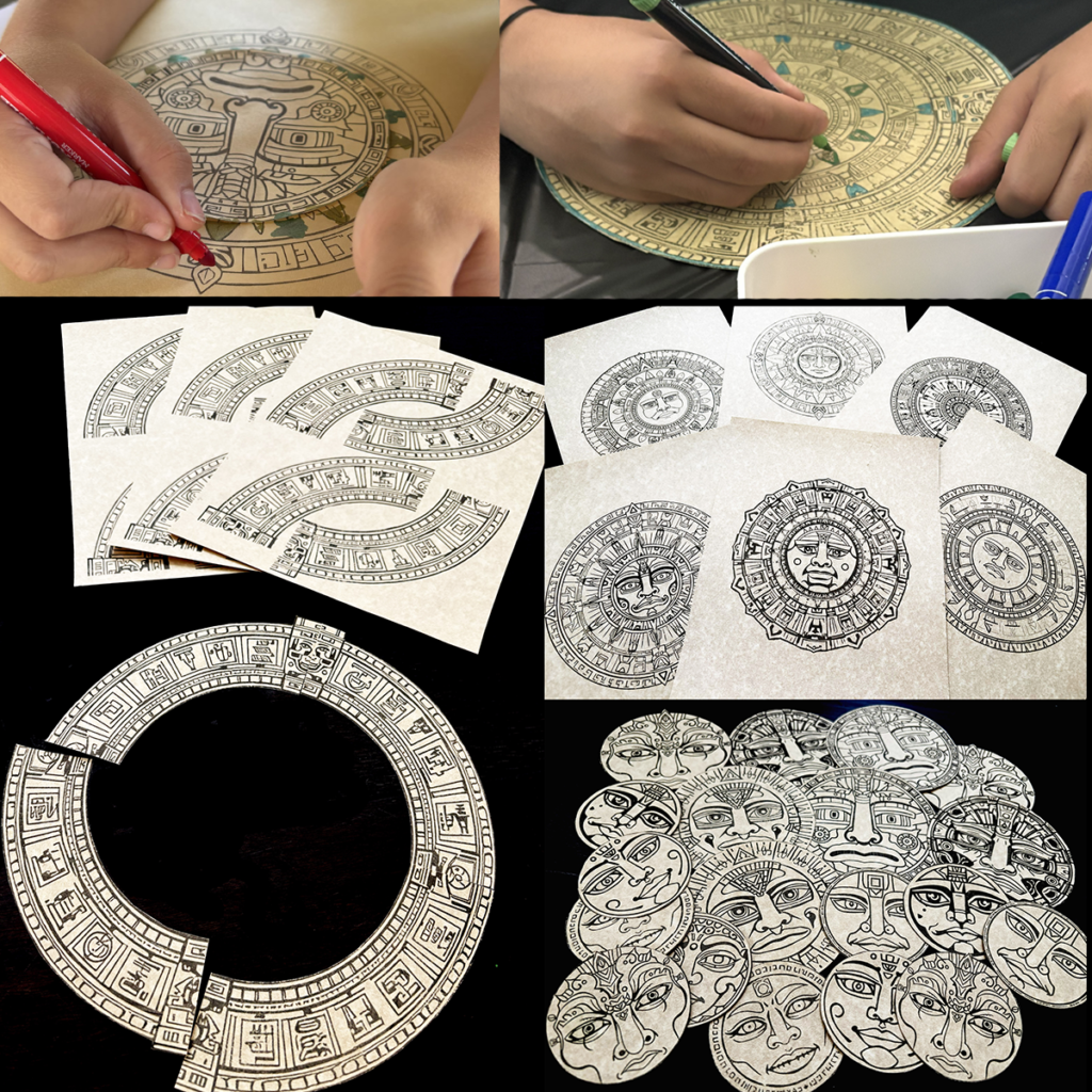 Collage showing students colouring Aztec Sun Stones, 22 printable Sun Stone templates in multiple styles, interchangeable ring pieces, face templates, and completed student artwork inspired by ancient Aztec designs.