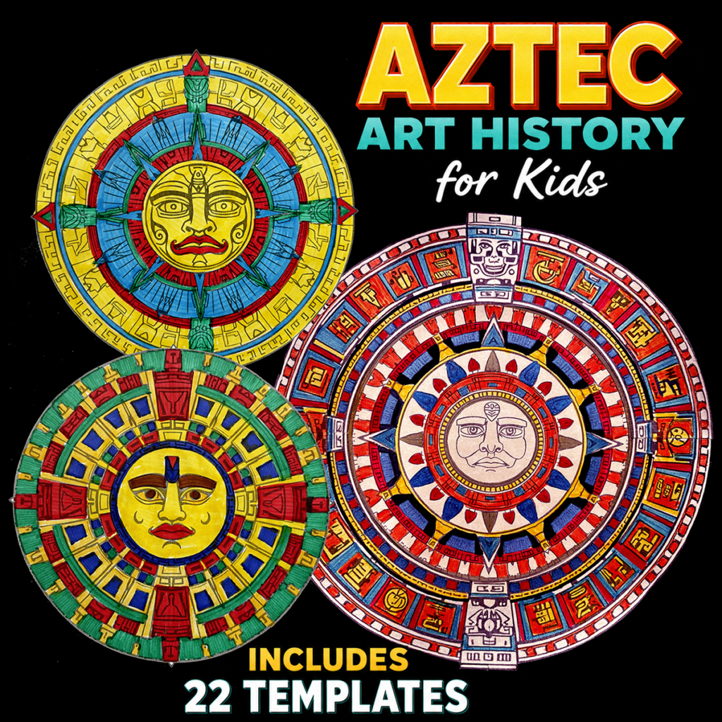 Cover of an Aztec art history lesson for kids featuring three colorful Aztec Sun Stone artworks and noting that the printable lesson includes 22 Sun Stone templates.