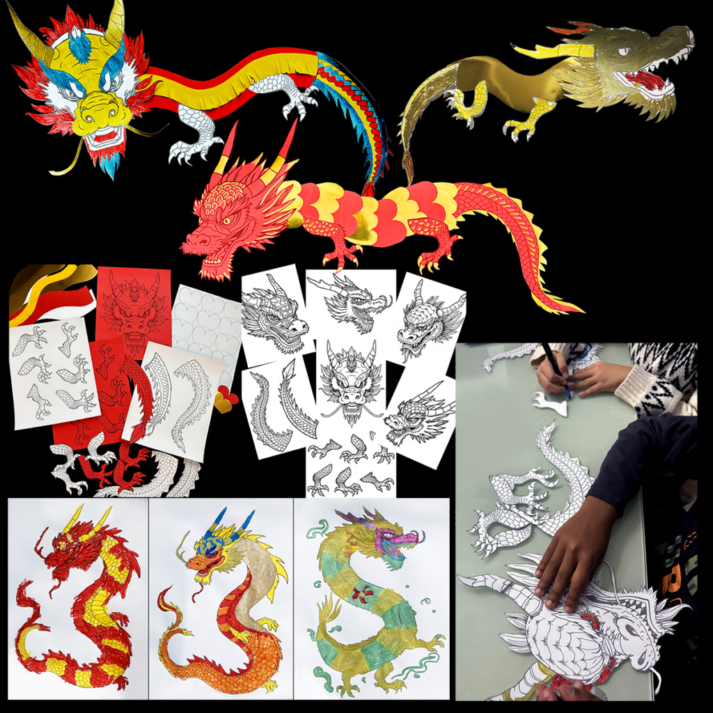Collage showing printable Chinese dragon templates, completed dragon examples, classroom photos, and students assembling colorful parade dragons inspired by Ancient China.