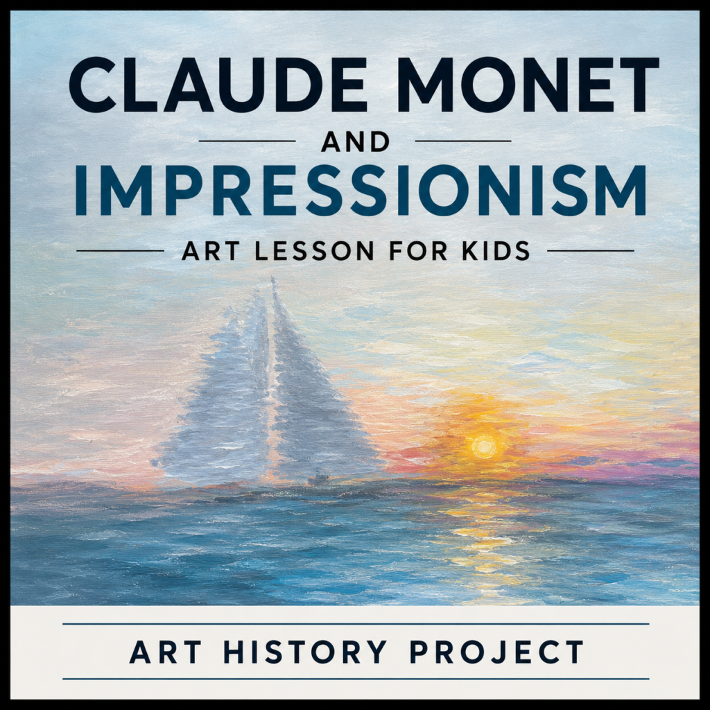 Claude Monet art history lesson cover featuring a colorful sunset landscape painting inspired by Impressionism, introducing a kid-friendly lesson and painting project.