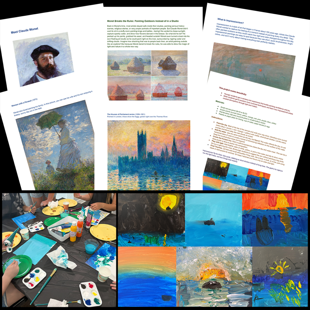 Preview of a Claude Monet art history lesson featuring biography pages, Impressionism activities, famous artwork discussion, student sunset landscape paintings, and step-by-step painting project examples.