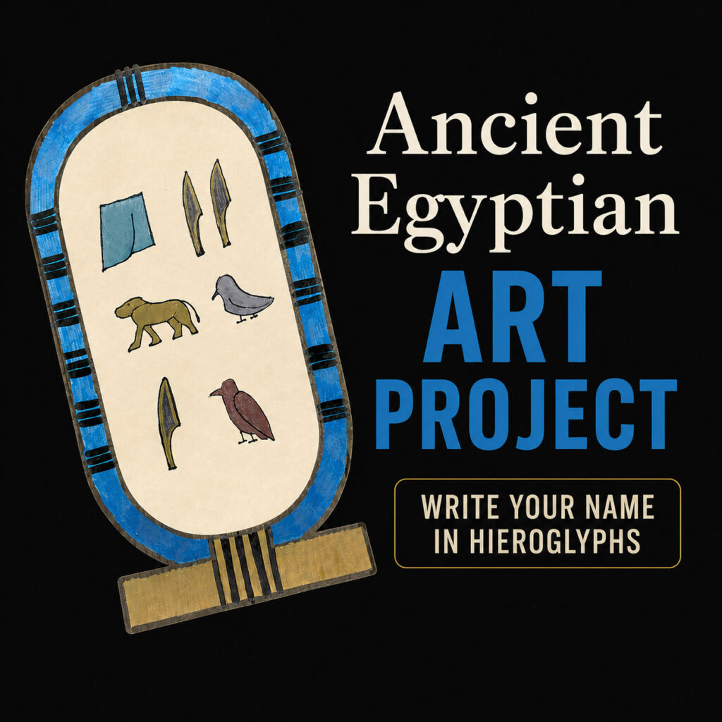 Cover for an Ancient Egyptian art project featuring a blue-and-gold cartouche with hieroglyphs and the words “Write Your Name in Hieroglyphs.”