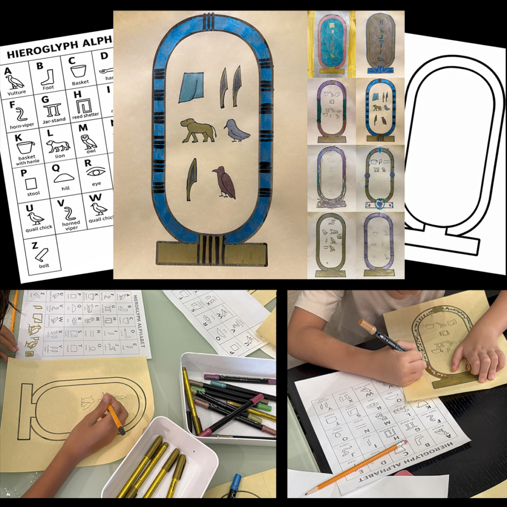 Preview of the Ancient Egyptian Cartouche Art Project showing printable hieroglyph templates, a hieroglyph alphabet guide, completed cartouche examples, and students creating personalized Egyptian name cartouches.