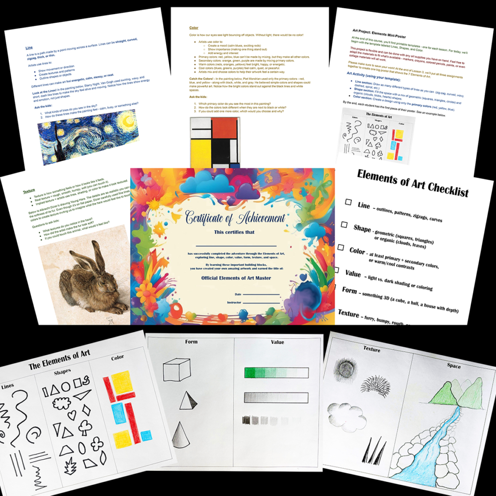 Preview of the Elements of Art Bundle showing printable lesson pages, famous artwork examples, student worksheets, Elements of Art projects, printable templates, completion certificate, and an Elements of Art checklist.