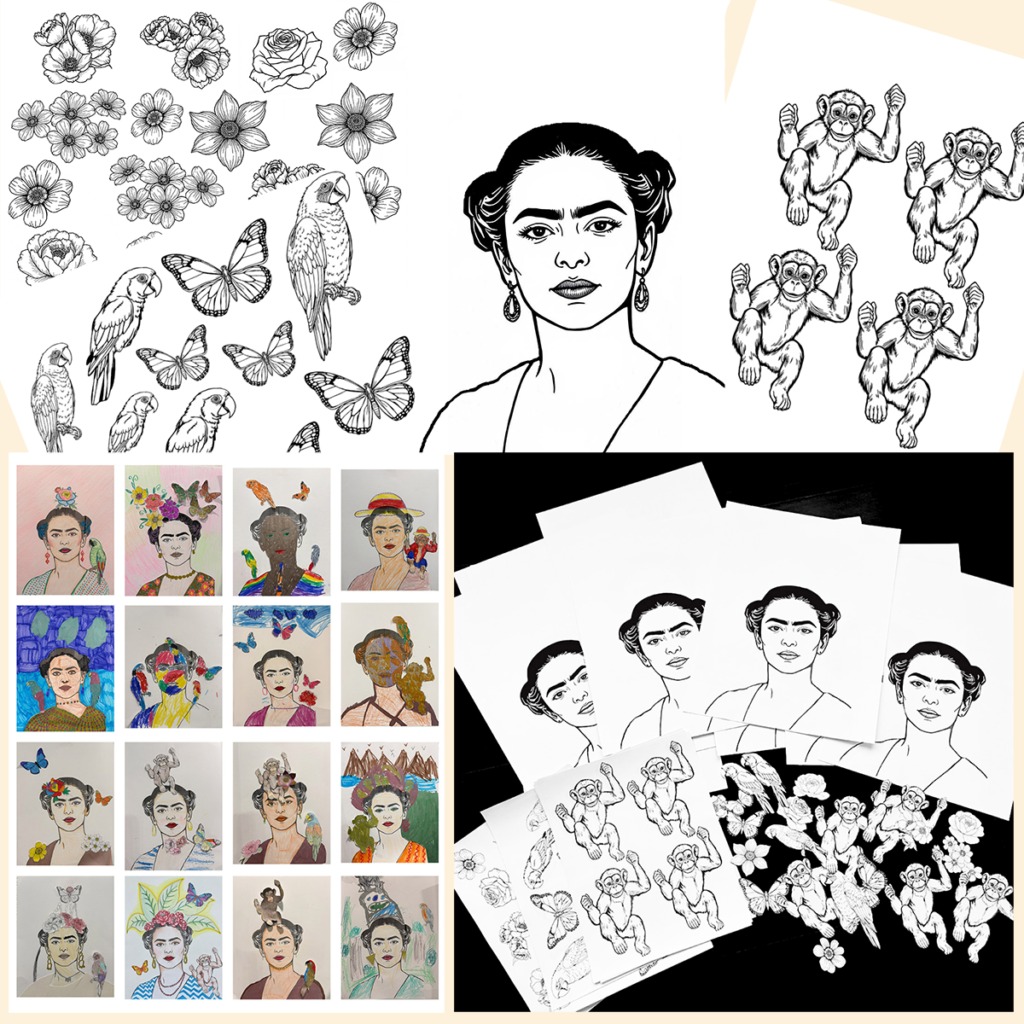 Preview of the Frida Kahlo portrait art project showing printable templates, completed student artwork, and creative collage portraits inspired by the famous Mexican artist.