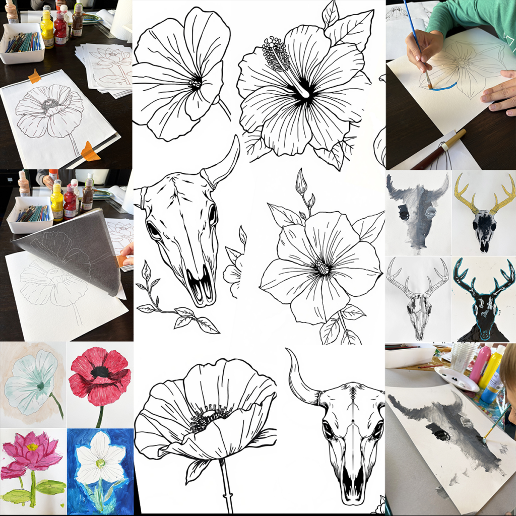 Preview of a Georgia O'Keeffe-inspired art project featuring printable flower and desert skull templates, carbon transfer technique photos, and colorful student painting examples.