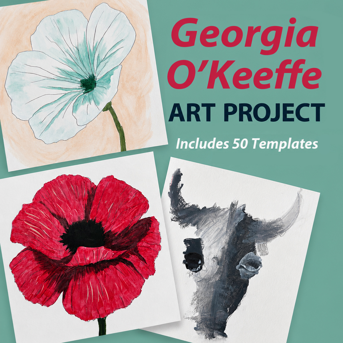 Georgia O'Keeffe Flowers & Skulls Art Project - Printable Painting Templates for Kids