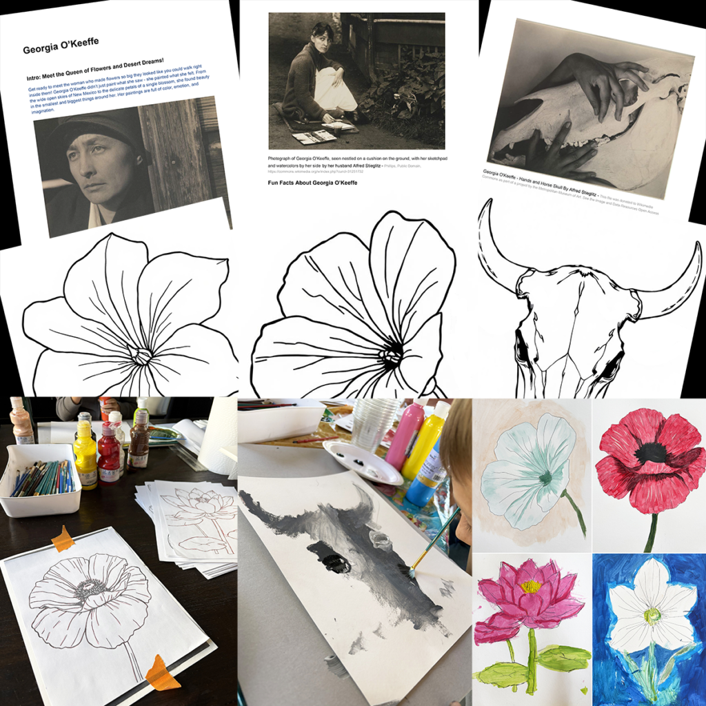 Preview of the Georgia O'Keeffe lesson showing biography pages, historical photographs, printable flower and skull templates, painting process photos, and colorful student artwork examples.