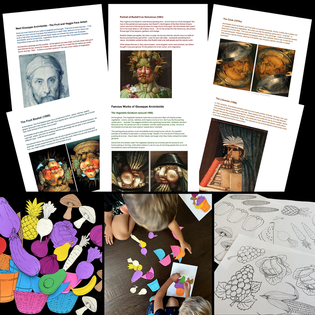 Preview pages from the Giuseppe Arcimboldo lesson showing Renaissance art history, famous artworks, printable fruit and vegetable templates, and student project examples.