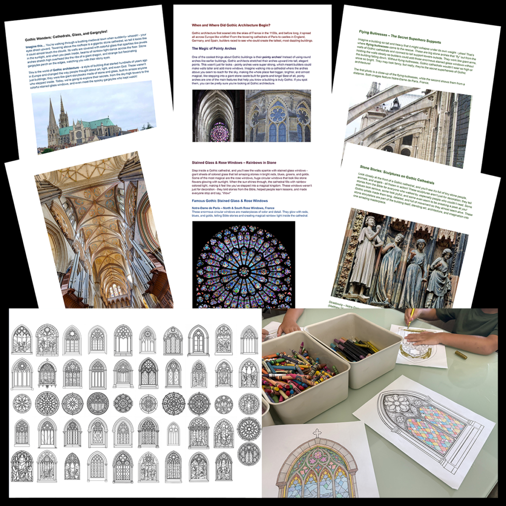 Preview of the Gothic Architecture lesson showing printable student pages, cathedral photographs, stained glass window templates, classroom examples, and a Gothic-inspired stained glass art project.