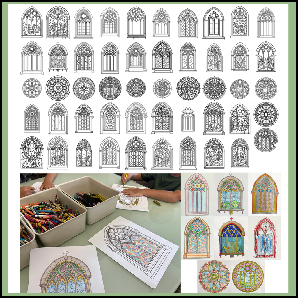 Preview of the Gothic stained glass art project showing 51 printable Gothic window templates, student artwork examples, and children coloring stained glass designs inspired by medieval cathedrals.