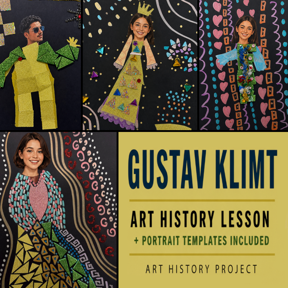 Gustav Klimt Art History Lesson for Kids – Art Nouveau, Golden Period & Printable Portrait Project