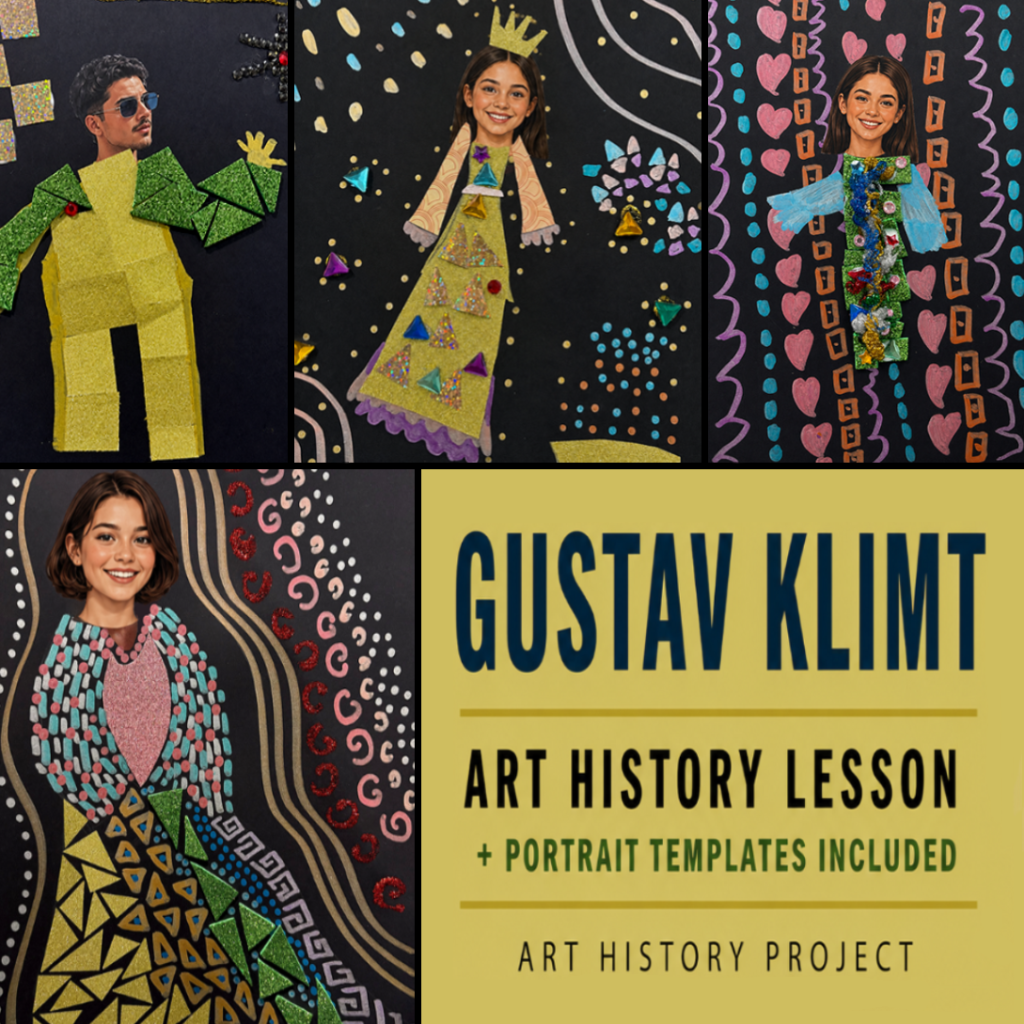 Cover of a printable Gustav Klimt art history lesson for kids featuring four colorful mixed-media student portraits inspired by Gustav Klimt's Golden Period and Art Nouveau style, with portrait templates included.