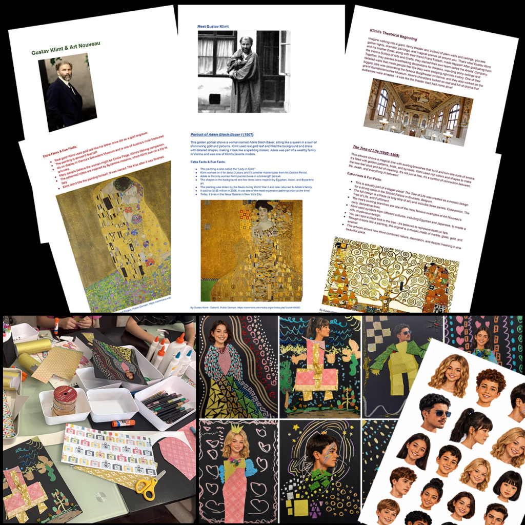 Preview of the Gustav Klimt art history lesson showing lesson pages, famous artworks, classroom project photos, printable portrait templates, and completed student artwork examples.