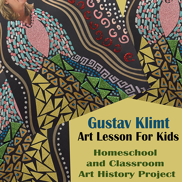 Gustav Klimt lesson for kids cover featuring decorative patterns, gold-inspired artwork, and a step-by-step art project inspired by the famous artist.