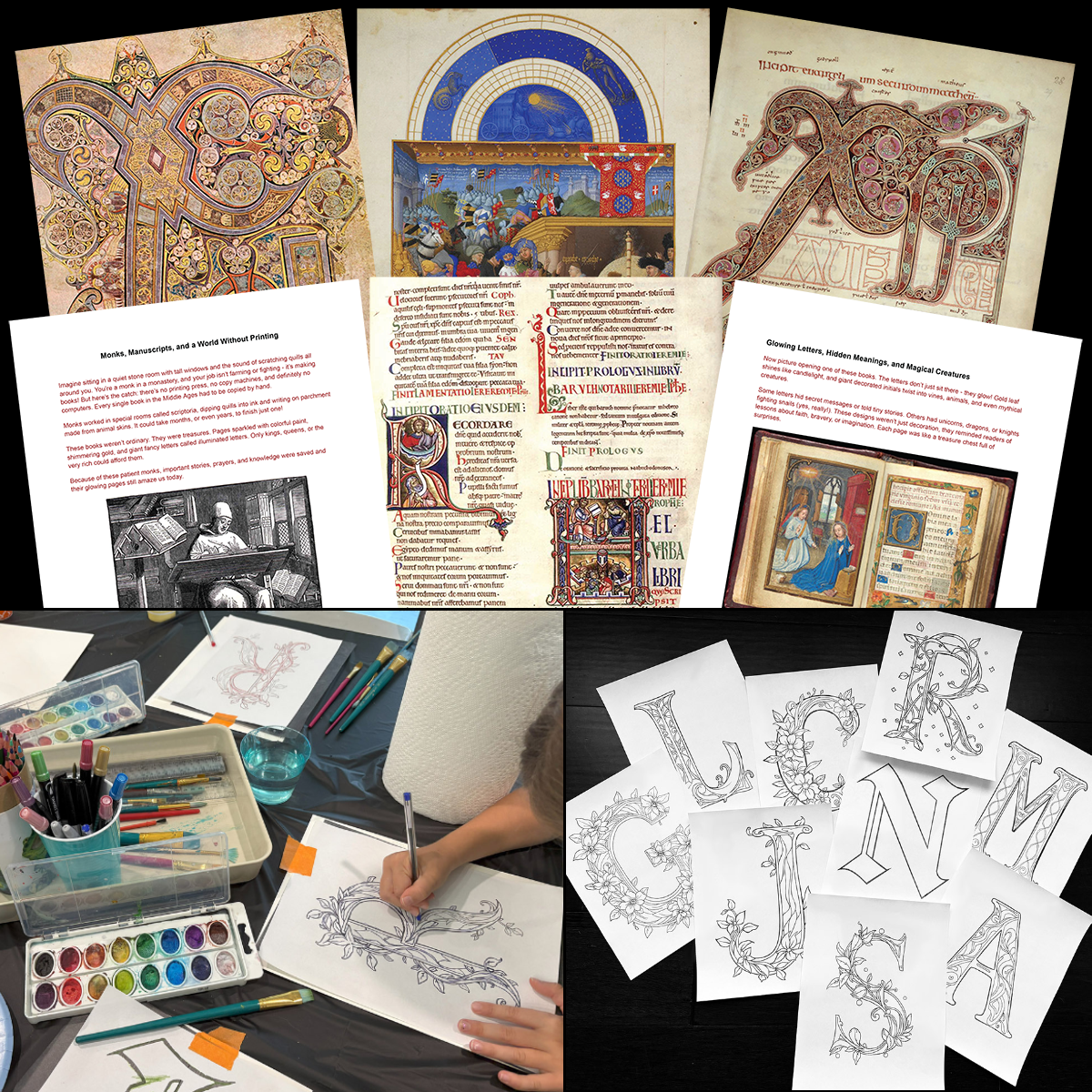 Collage featuring a Medieval Illuminated Letters art history lesson with famous illuminated manuscripts, medieval book pages, student watercolor artwork, and printable illuminated letter templates inspired by medieval manuscripts.