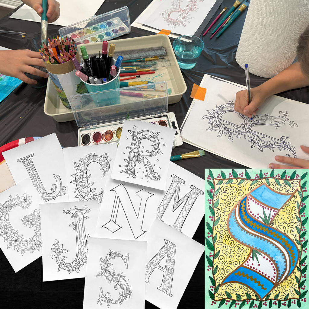Students creating medieval illuminated letters using watercolor paints and printable letter templates alongside a completed illuminated letter artwork inspired by medieval manuscripts.