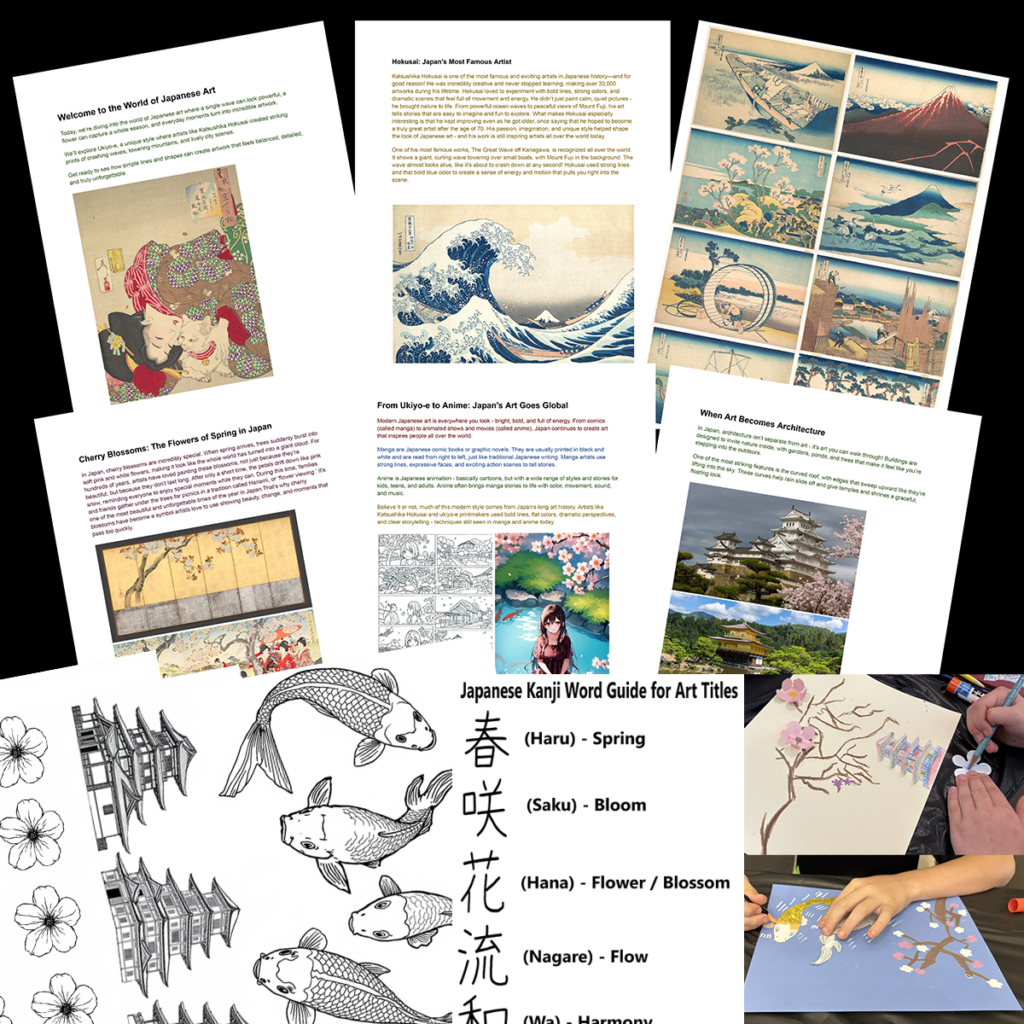 Collage showing pages from a Japanese art history lesson, Hokusai's artwork, ukiyo-e prints, Japanese architecture, printable koi fish and cherry blossom templates, Kanji guide, and student collage projects.