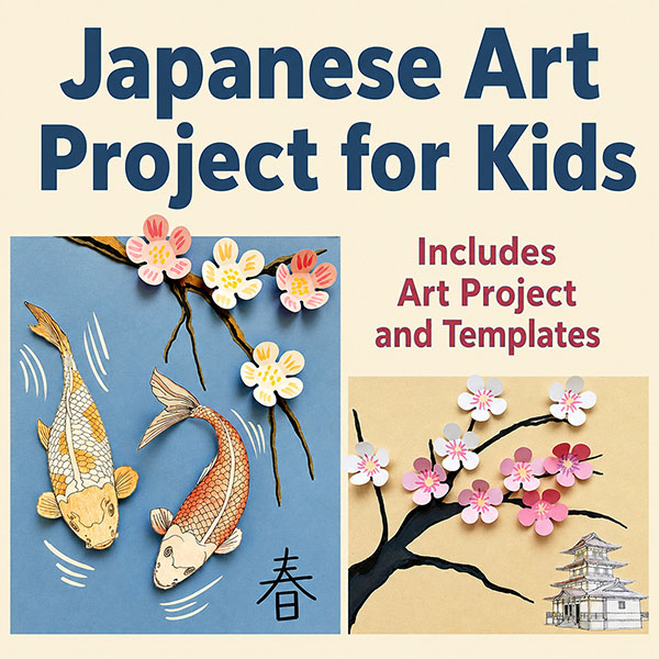 Japan art project for kids cover featuring printable collage templates inspired by traditional Japanese art and culture.