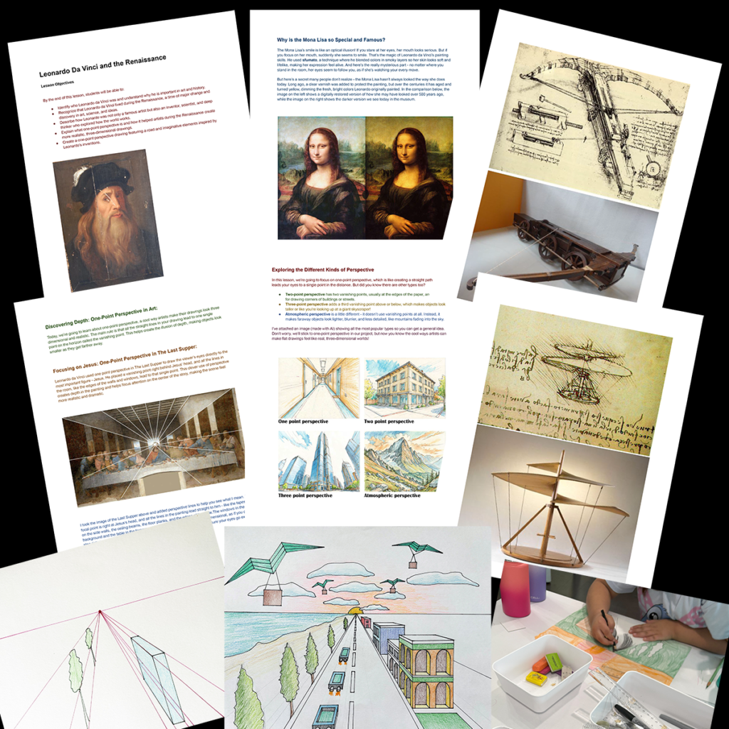 Preview of the Leonardo da Vinci art history lesson showing biography pages, Renaissance history, Leonardo's inventions, perspective drawing examples, printable templates, classroom photos, and finished student artwork.