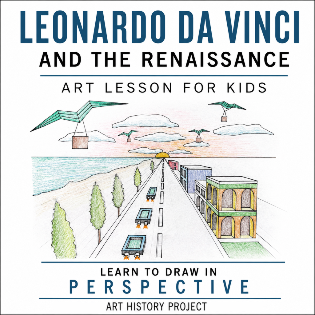 Cover for a Leonardo da Vinci Art History Lesson featuring a one-point perspective city drawing inspired by the Renaissance with the title "Learn to Draw in Perspective."