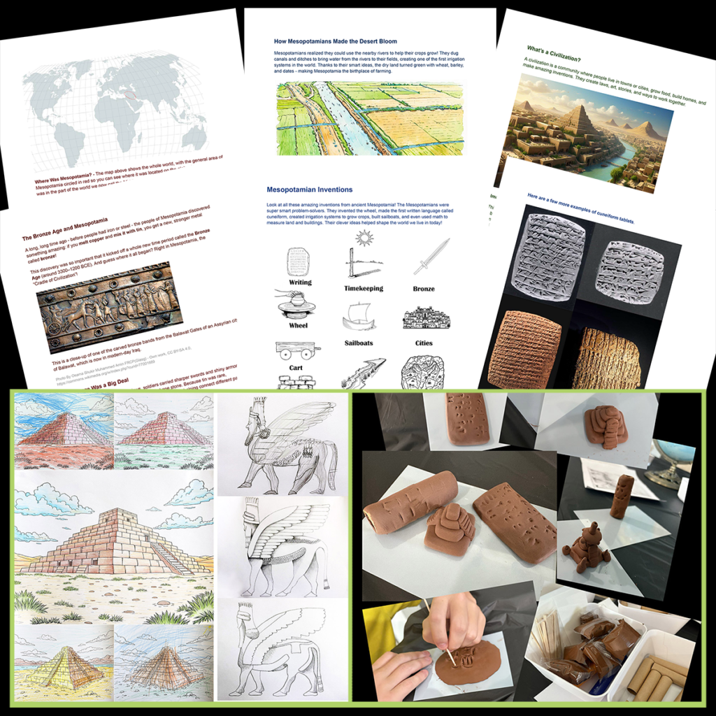 Preview pages from a Mesopotamia lesson showing geography, inventions, cuneiform tablets, student clay projects, ziggurat artwork, and Lamassu drawing activities.