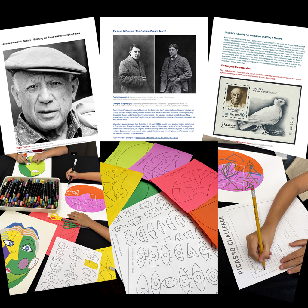 Preview of a Picasso art history lesson featuring biography pages, Cubism activities, printable portrait templates, eye and mouth templates, a Picasso Challenge worksheet, and students creating colorful Cubist portraits inspired by Pablo Picasso.