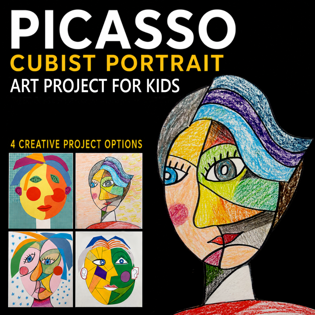 Picasso Cubist portrait art project for kids featuring colorful student-style collage portraits and printable Cubism templates for elementary art.