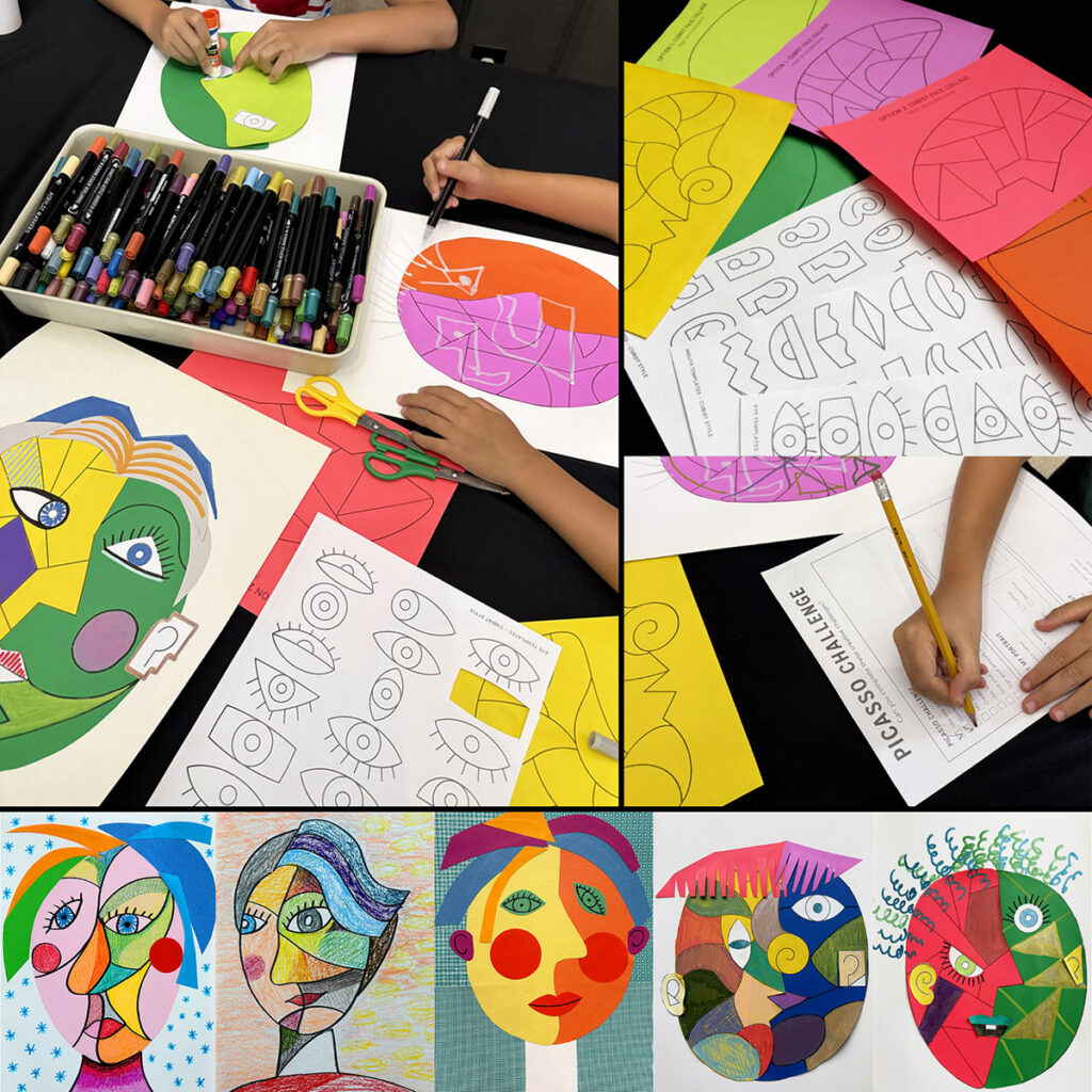Preview of the Picasso Cubist portrait art project showing completed artwork examples, children creating collage portraits, and printable face, eye, mouth, and pattern templates included in the lesson.